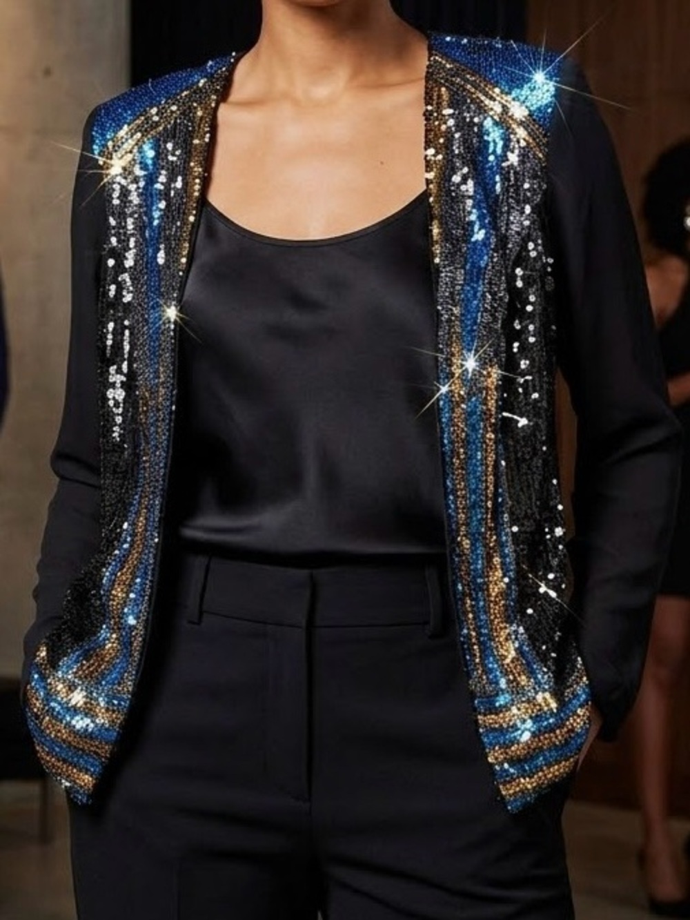 French Connection Art Deco Sequin Statement Jacket Blue Gold Great Gatsby Glam